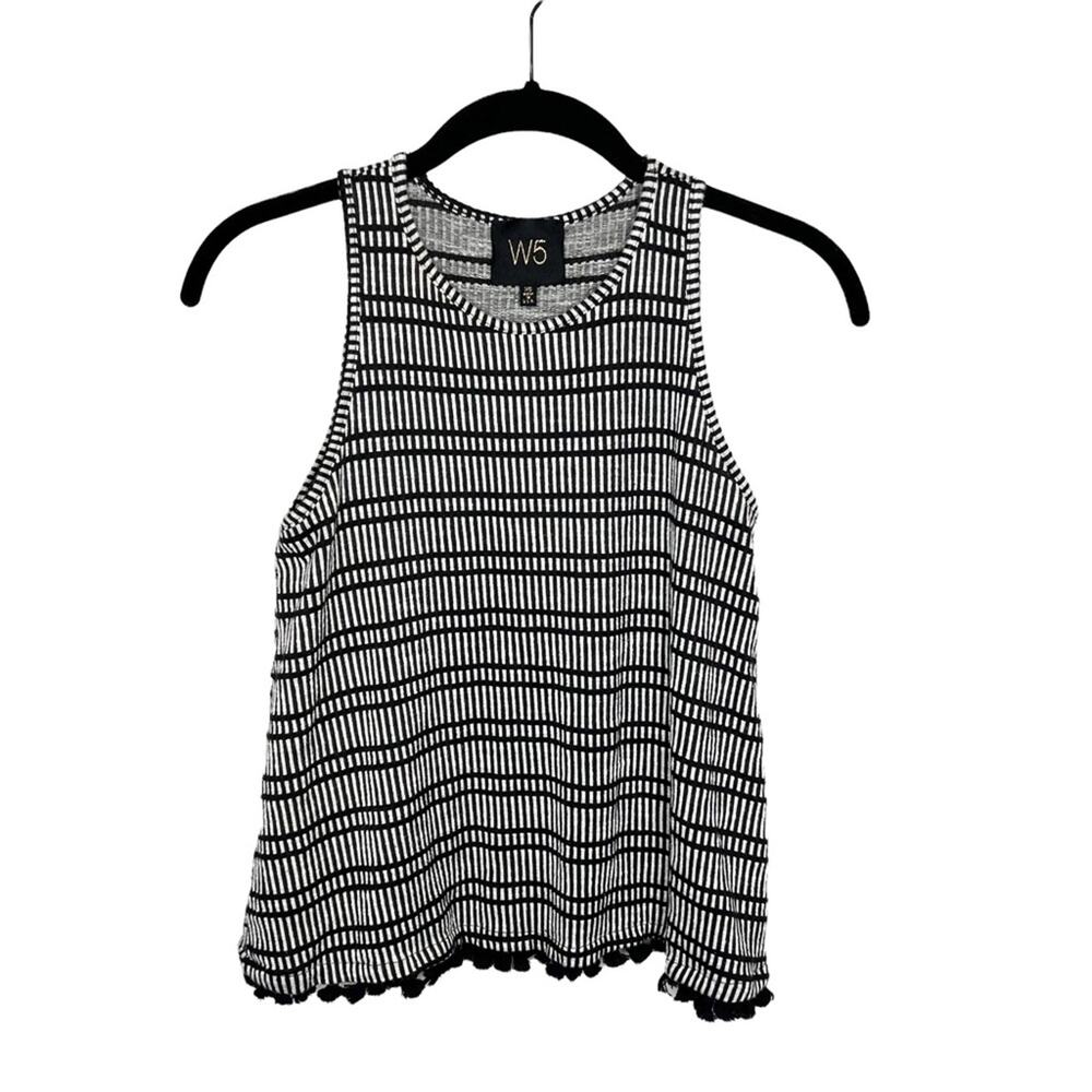 W5 / black & white striped pom pom tank top / XS